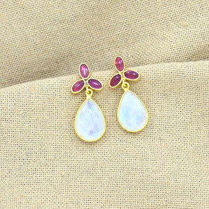 Cluster Earring Moonstone & Pink Tourmaline Gold Silver 925