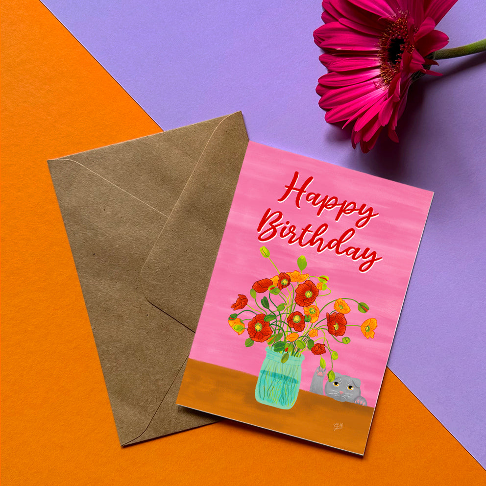Flower vase and cat Happy Birthday Card by Giravolta