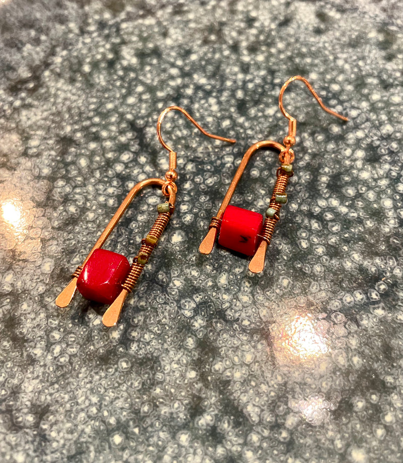 Red Stone and copper earrings