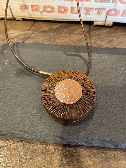 Flower - Double sided wood and copper pendant/neckace (Large)
