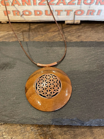 Round wooden pendant/necklace with copper Flower of Life (Large)