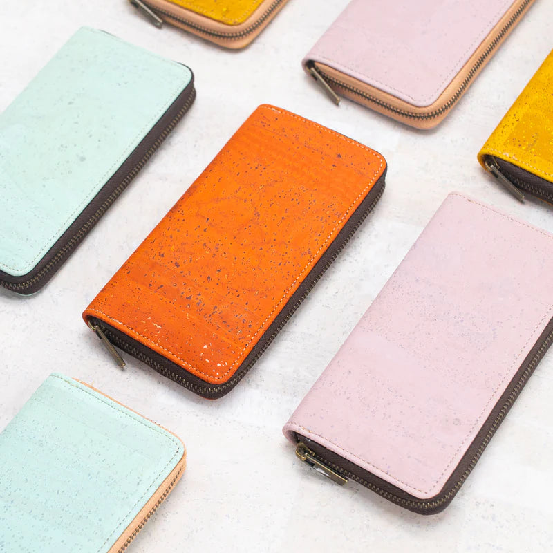 Solid color cork women card zipper vegan wallet