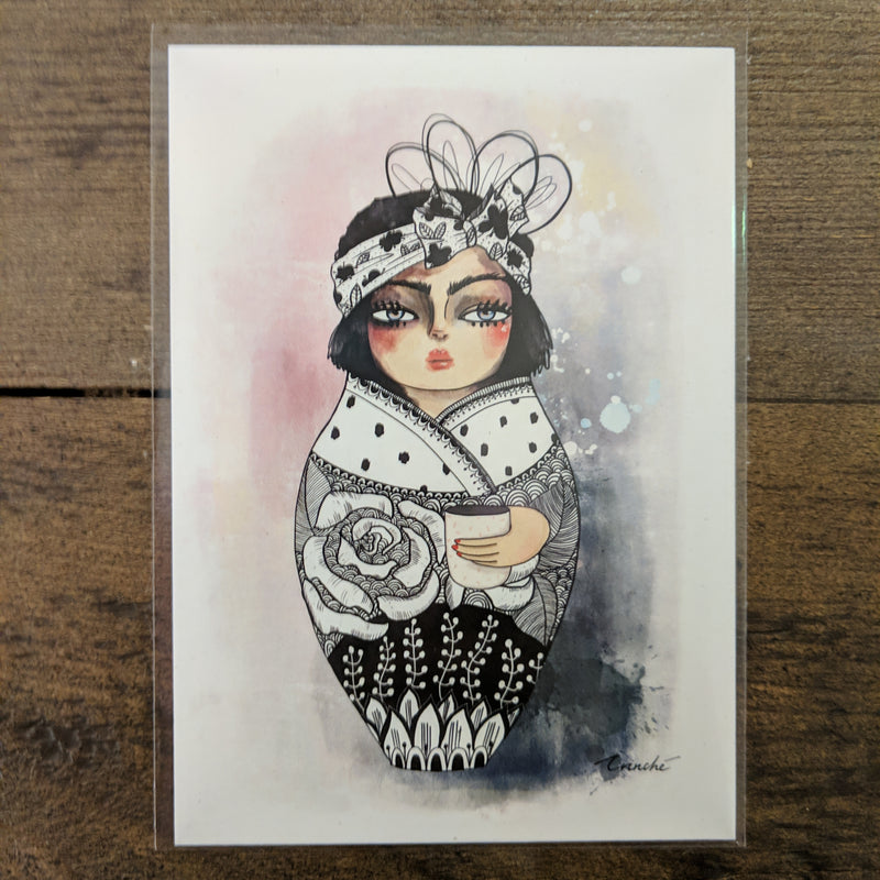 Lady wrapped A6 postcard