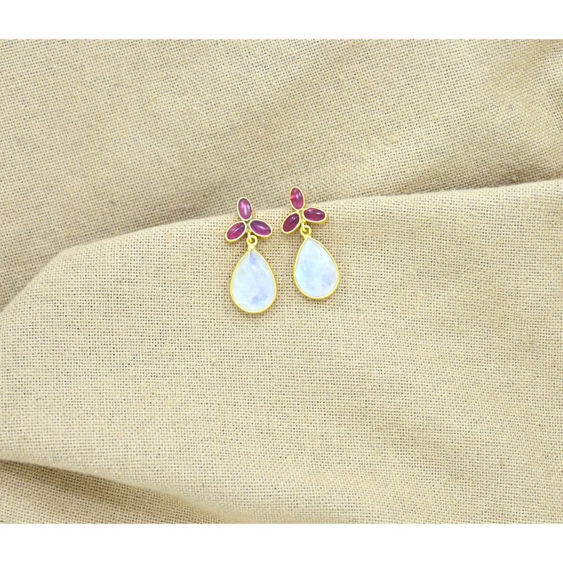 Cluster Earring Moonstone & Pink Tourmaline Gold Silver 925