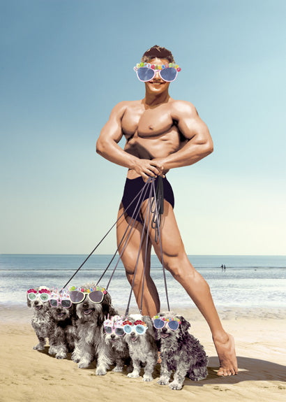 Dog Walking Hunk Greetings Card by Max Hernn