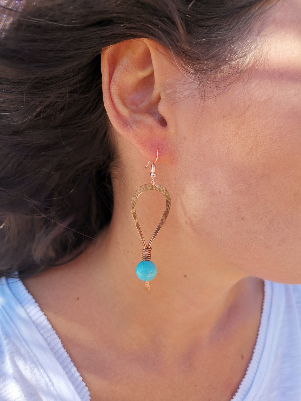 Drop Earrings with turquoise stone - pure copper