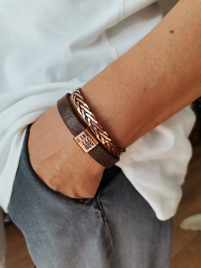 Wrought Cuff with leather - pure copper bracelet