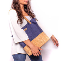 Cork and blue fabric tote bag
