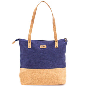 Cork and blue fabric tote bag