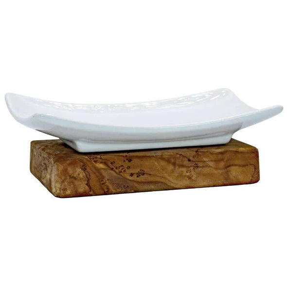 Porcelain/olive wood soap dish