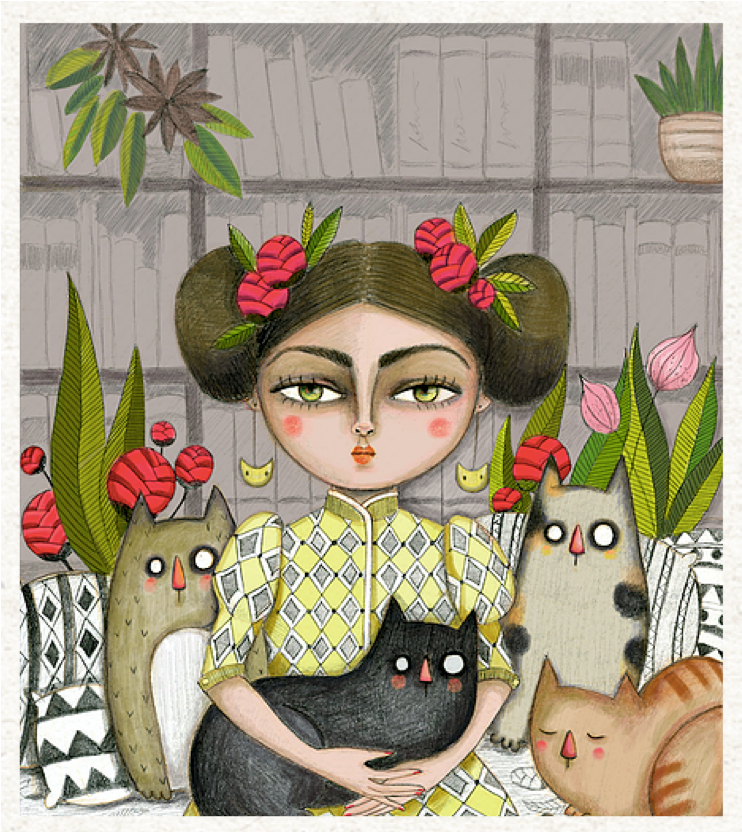 Lady and her cats A4 poster