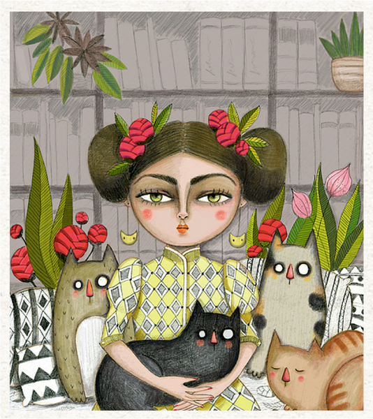 Lady and her cats (2 sizes)