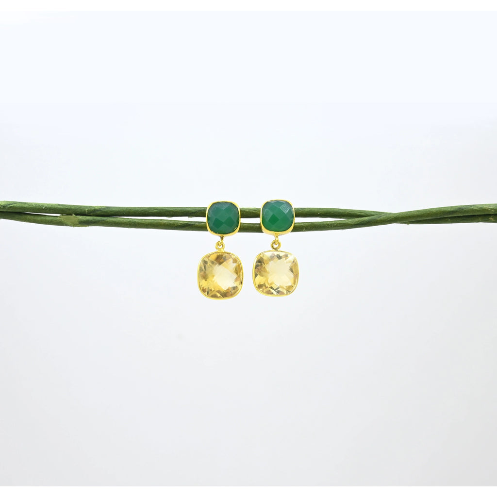 Square Citrine & Green Onyx Earring Gold Silver 925