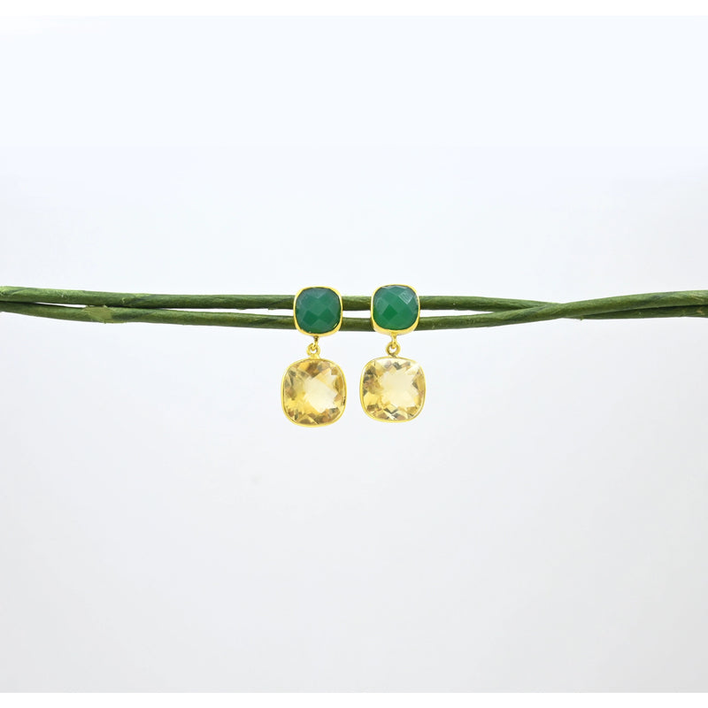 Square Citrine & Green Onyx Earring Gold Silver 925