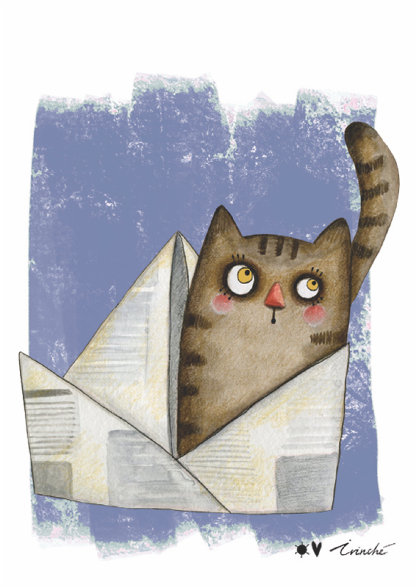 Cat in paper-boat A6 poster
